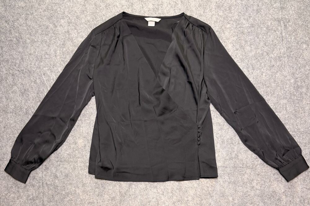 H&M Womens M Black Satin Wrap Blouse V Neck Long Sleeve Side Button Top Dressy